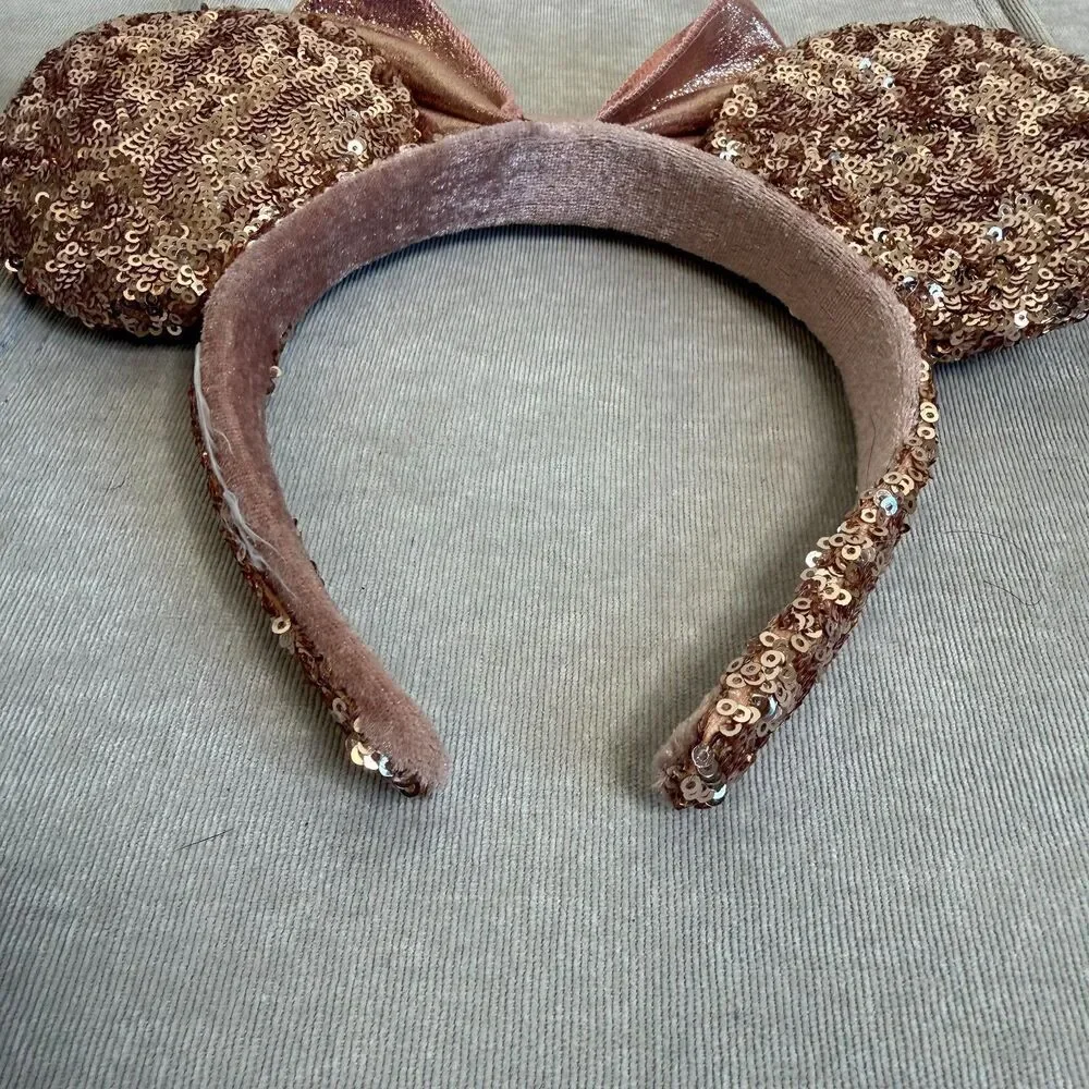 Disney Parks BUNDLE Rose Gold Sequin Pink Leopard Feather Minnie Headband Ears